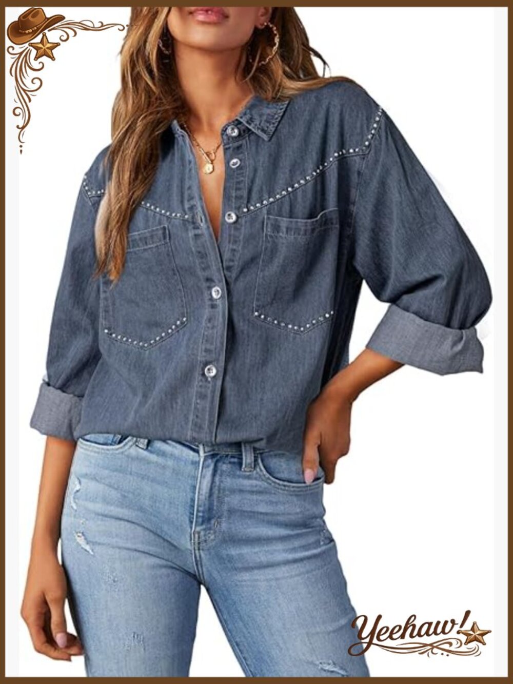 Western Denim Shirt 100% Cotton Long Sleeve Button Down Jean Shacket Top